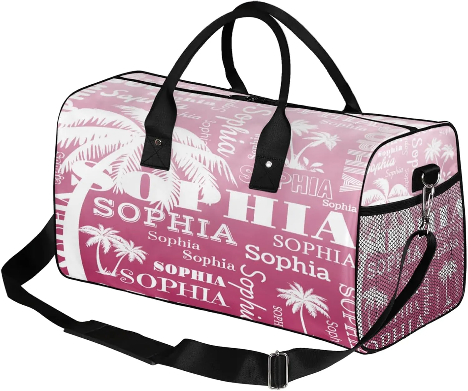 Personalized Sport Duffel Bag with Name, Coconut Tree Design Custom Overnight Bag Sleepover Bags for Dance Cheer Gymnastics, Dark Pink Gradient