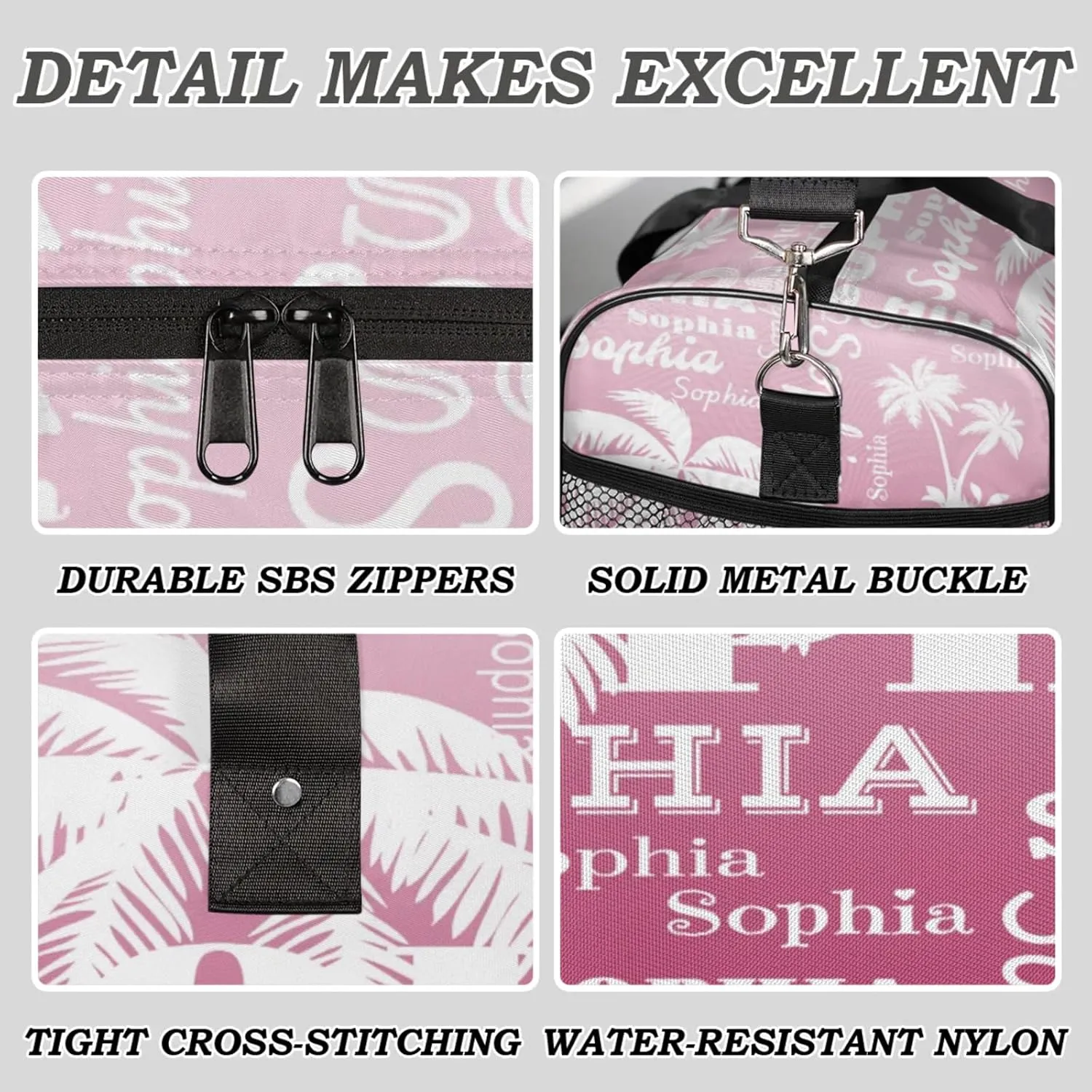 Personalized Sport Duffel Bag with Name, Coconut Tree Design Custom Overnight Bag Sleepover Bags for Dance Cheer Gymnastics, Dark Pink Gradient