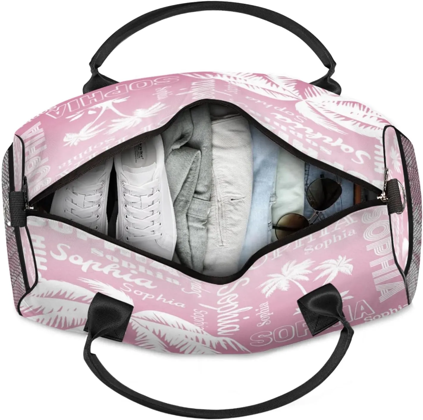 Personalized Sport Duffel Bag with Name, Coconut Tree Design Custom Overnight Bag Sleepover Bags for Dance Cheer Gymnastics, Dark Pink Gradient