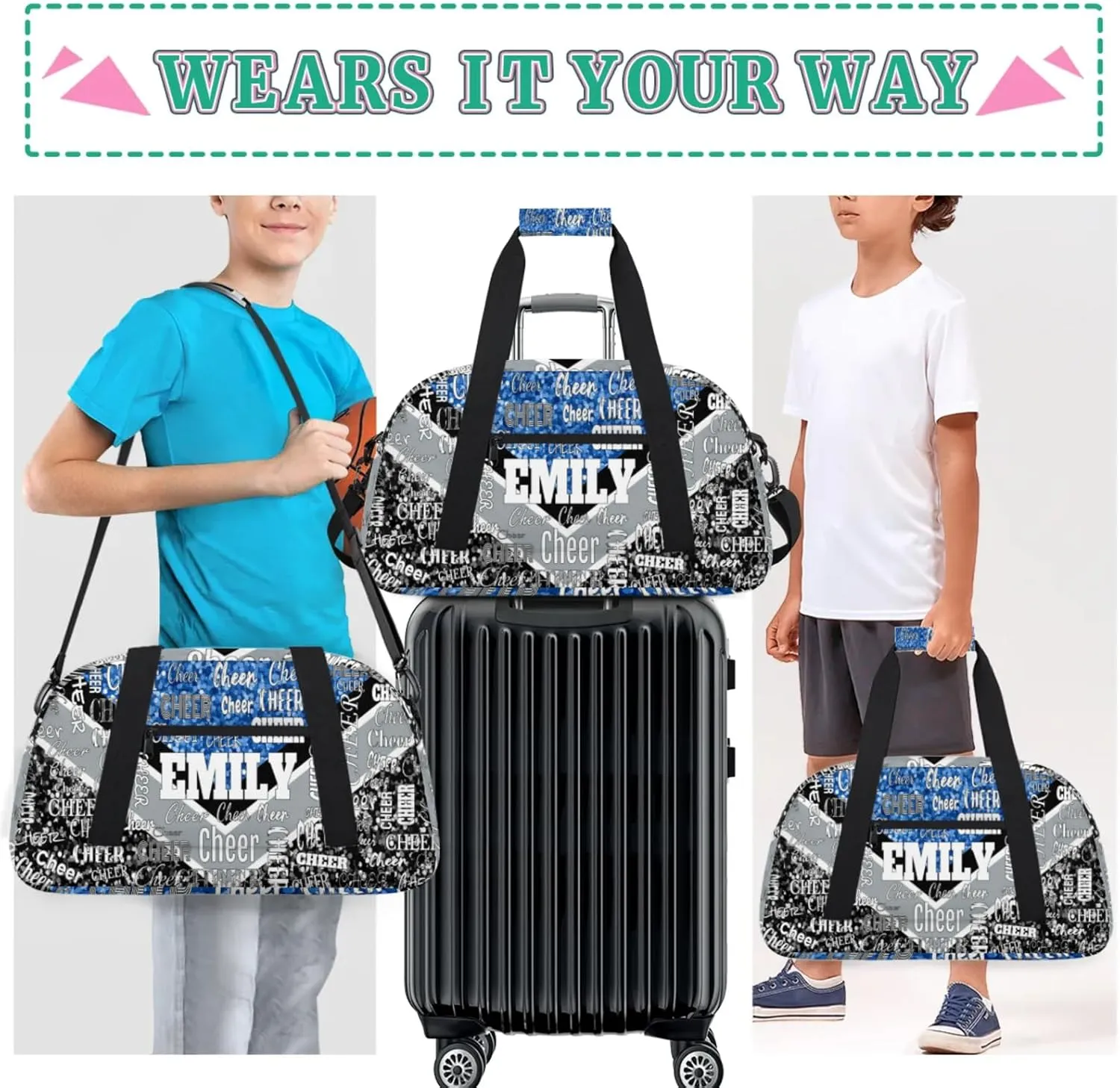 Personalized Sports Cheer Bag, Custom Name Sport Duffel Cheerleading Dance Bag Weekender Bags Carry On Overnight Travel Duffel Bag, Blue Glittering with Black Grey