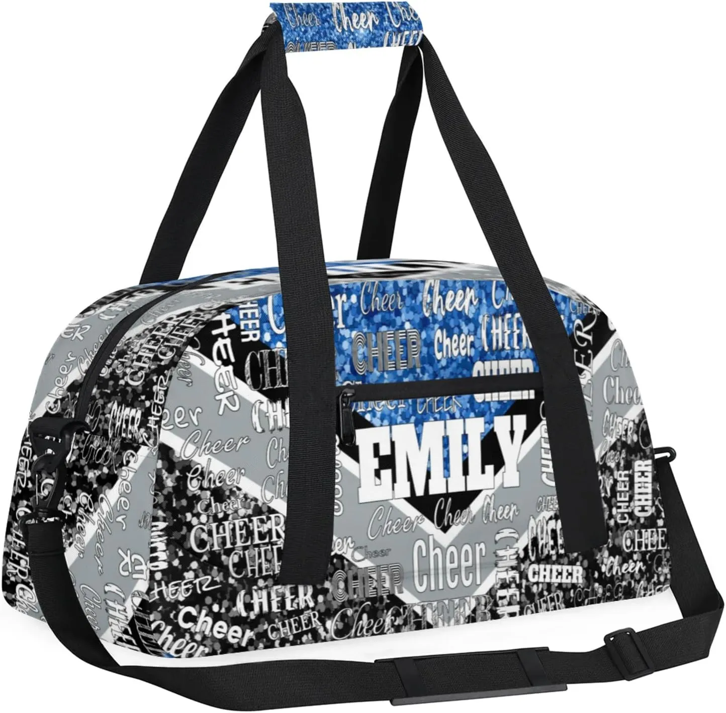 Personalized Sports Cheer Bag, Custom Name Sport Duffel Cheerleading Dance Bag Weekender Bags Carry On Overnight Travel Duffel Bag, Blue Glittering with Black Grey
