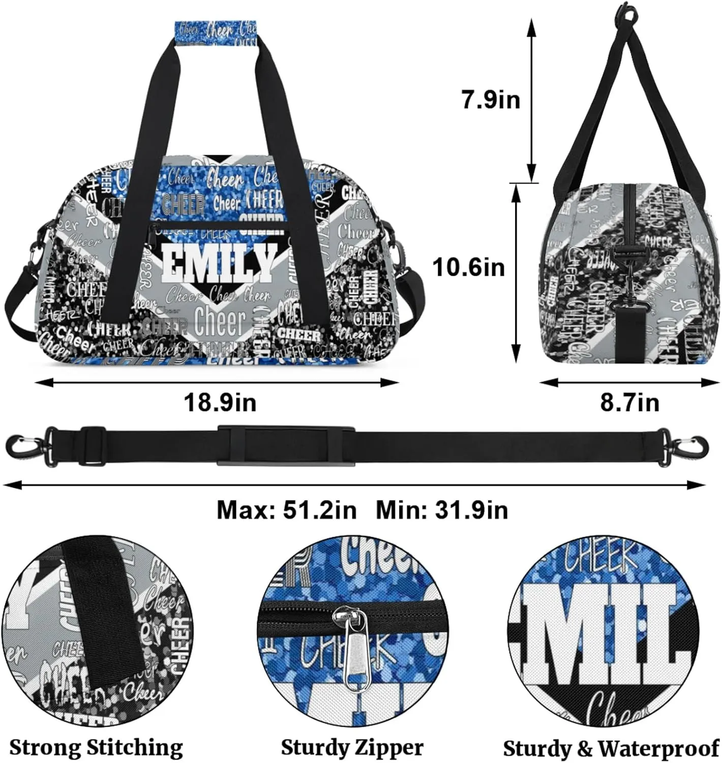 Personalized Sports Cheer Bag, Custom Name Sport Duffel Cheerleading Dance Bag Weekender Bags Carry On Overnight Travel Duffel Bag, Blue Glittering with Black Grey