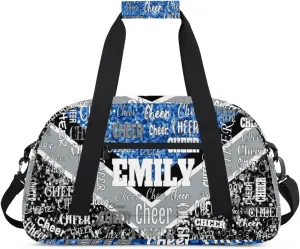 Personalized Sports Cheer Bag, Custom Name Sport Duffel Cheerleading Dance Bag Weekender Bags Carry On Overnight Travel Duffel Bag, Blue Glittering with Black Grey