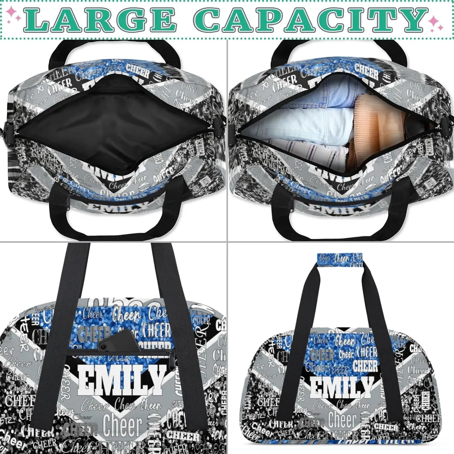 Personalized Sports Cheer Bag, Custom Name Sport Duffel Cheerleading Dance Bag Weekender Bags Carry On Overnight Travel Duffel Bag, Blue Glittering with Black Grey