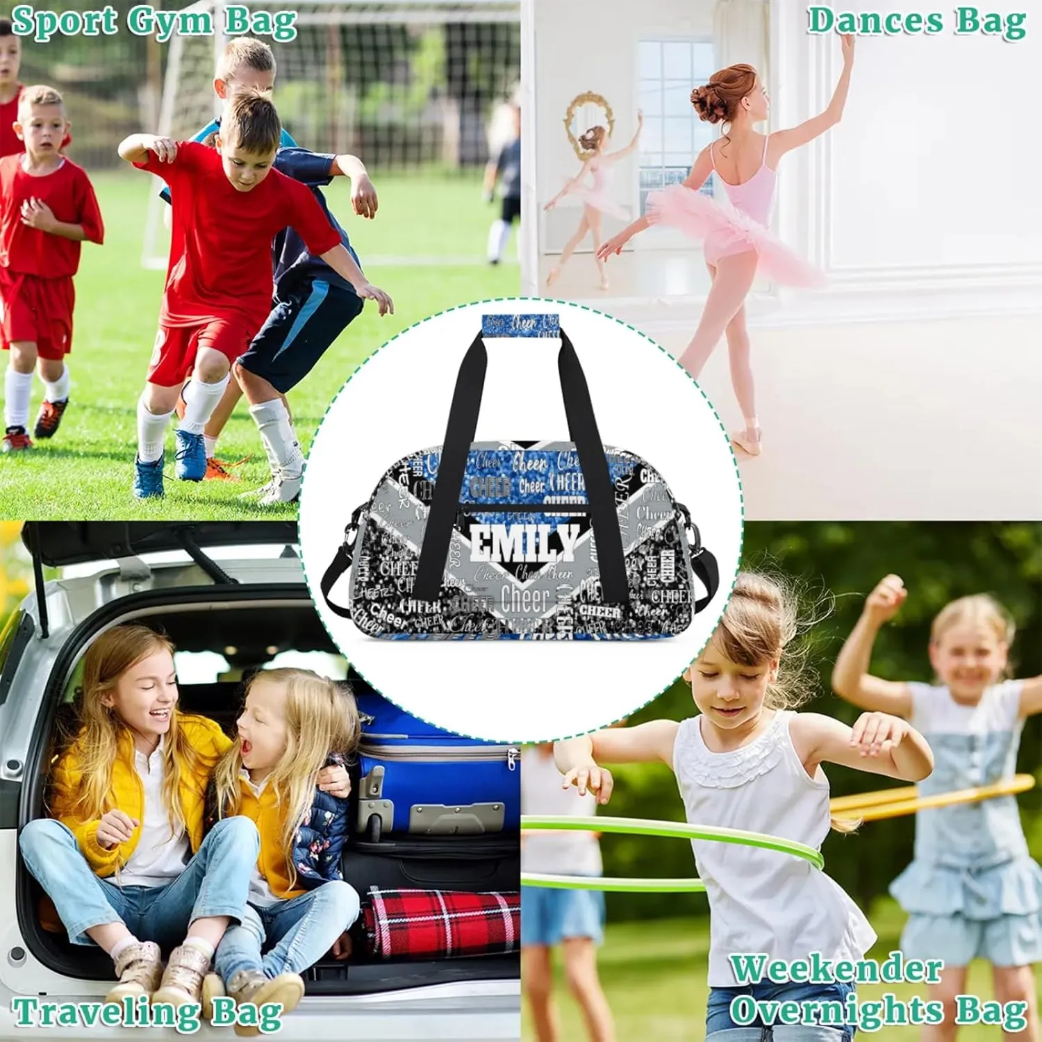 Personalized Sports Cheer Bag, Custom Name Sport Duffel Cheerleading Dance Bag Weekender Bags Carry On Overnight Travel Duffel Bag, Blue Glittering with Black Grey