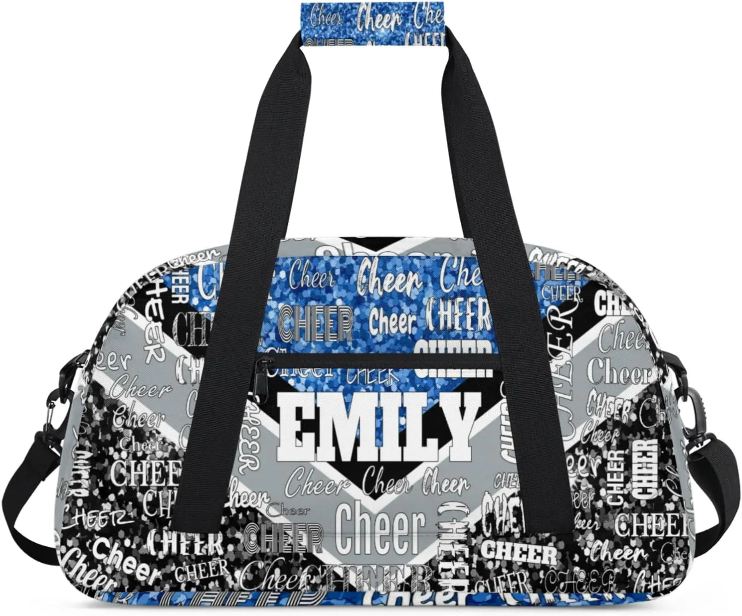 Personalized Sports Cheer Bag, Custom Name Sport Duffel Cheerleading Dance Bag Weekender Bags Carry On Overnight Travel Duffel Bag, Blue Glittering with Black Grey