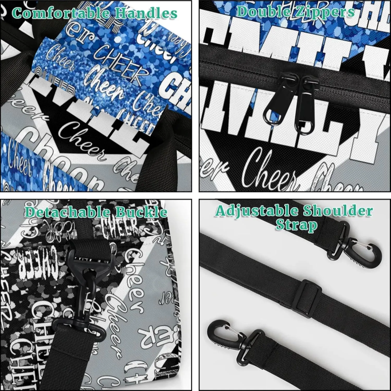 Personalized Sports Cheer Bag, Custom Name Sport Duffel Cheerleading Dance Bag Weekender Bags Carry On Overnight Travel Duffel Bag, Blue Glittering with Black Grey