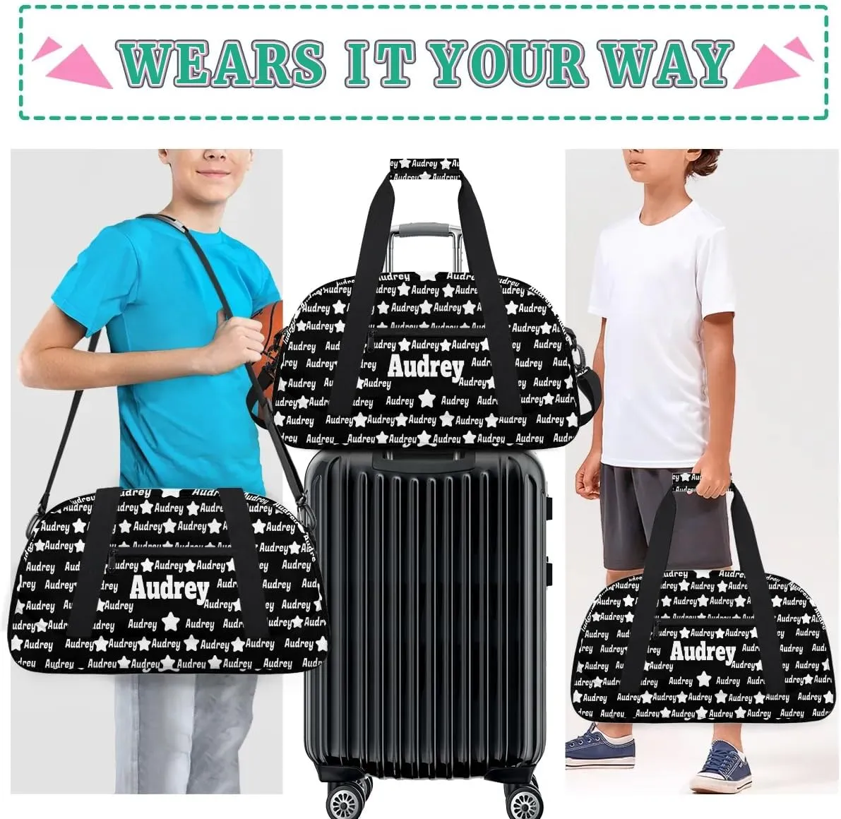 Personalized Sports Gym Dance Bag, Custom Sport Football Duffel Bag Dancing Bag Weekender Bags Travel Duffel Bag, Solid Black Background Full Name on Bag