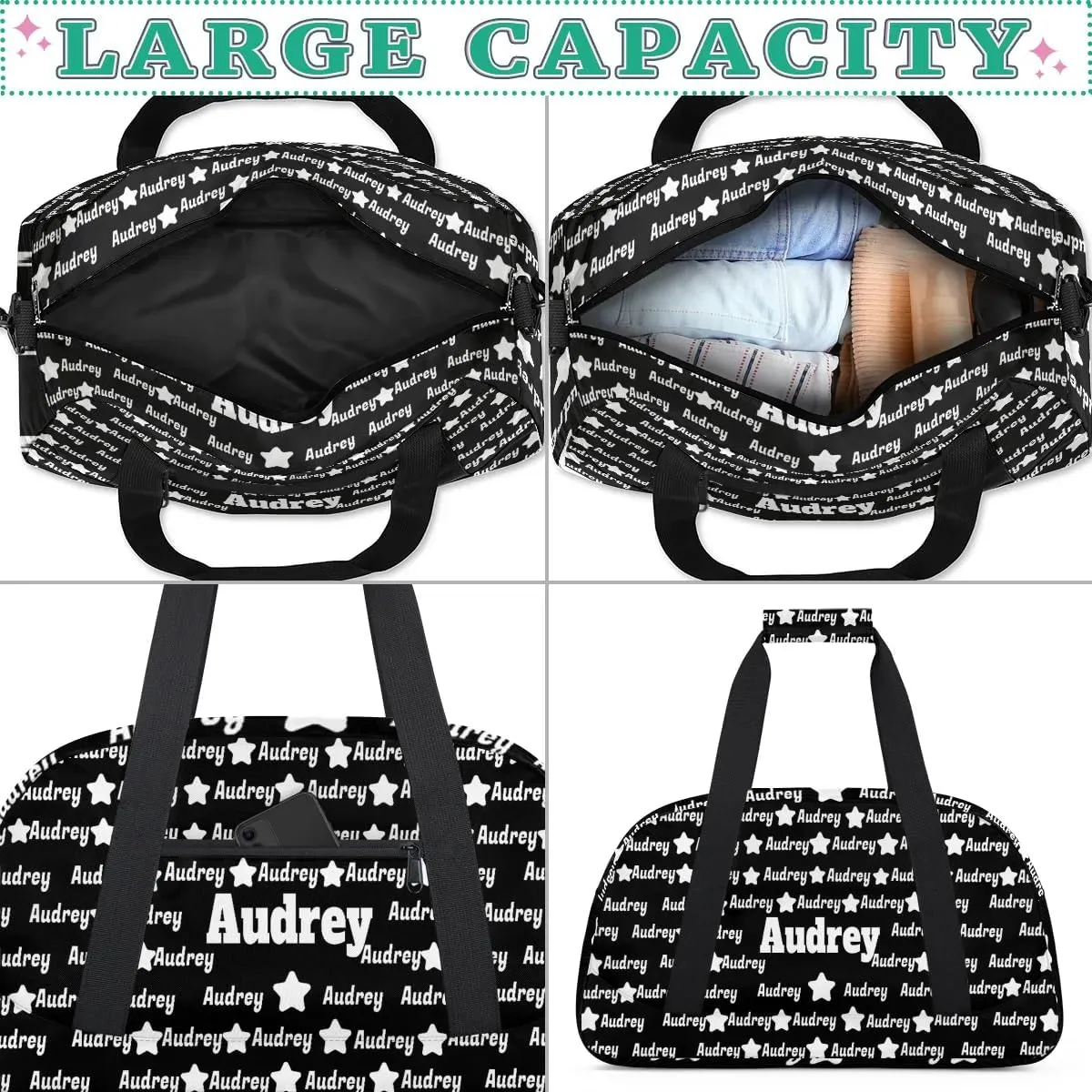 Personalized Sports Gym Dance Bag, Custom Sport Football Duffel Bag Dancing Bag Weekender Bags Travel Duffel Bag, Solid Black Background Full Name on Bag