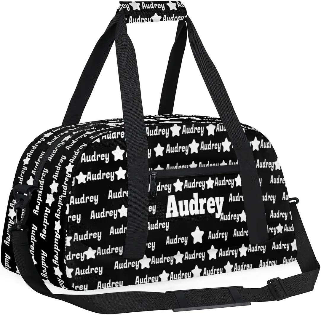 Personalized Sports Gym Dance Bag, Custom Sport Football Duffel Bag Dancing Bag Weekender Bags Travel Duffel Bag, Solid Black Background Full Name on Bag