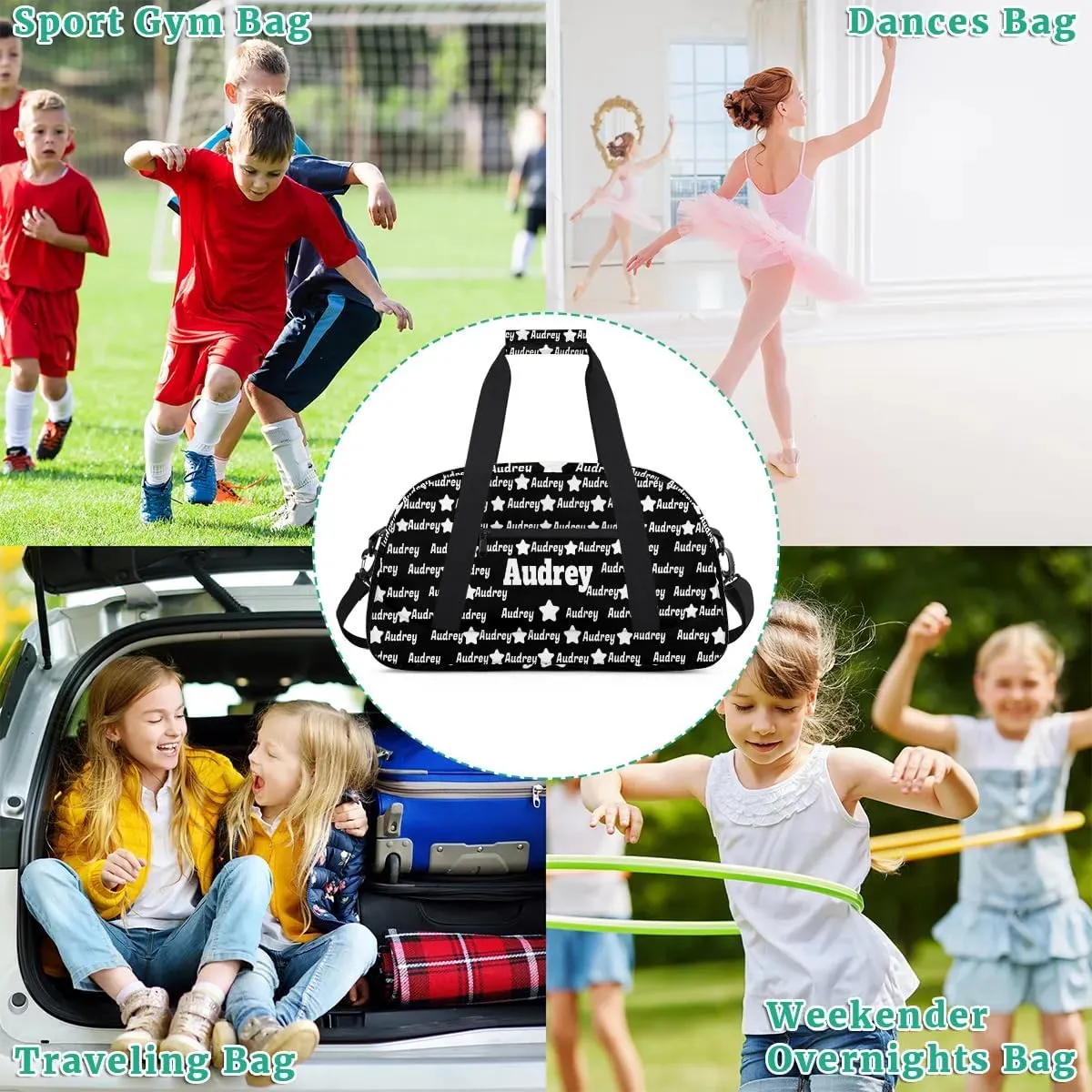Personalized Sports Gym Dance Bag, Custom Sport Football Duffel Bag Dancing Bag Weekender Bags Travel Duffel Bag, Solid Black Background Full Name on Bag