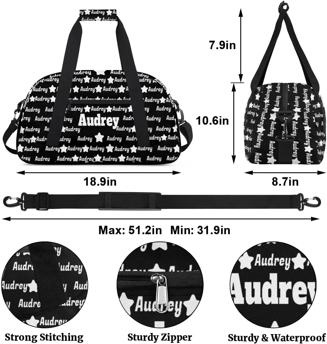 Personalized Sports Gym Dance Bag, Custom Sport Football Duffel Bag Dancing Bag Weekender Bags Travel Duffel Bag, Solid Black Background Full Name on Bag
