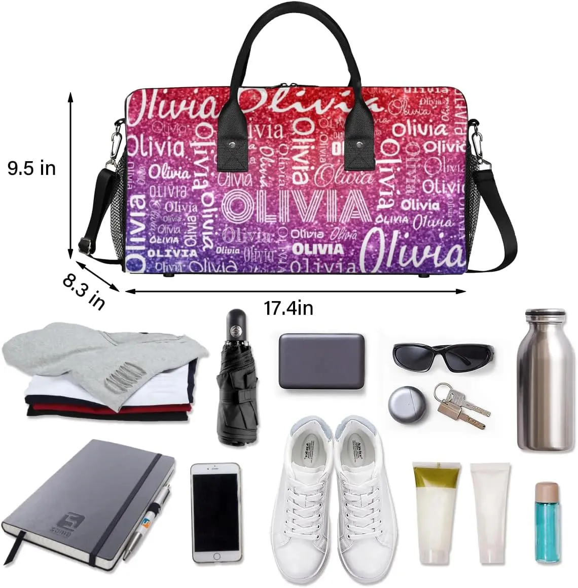 Personalized Travel Duffel Bag for Women Men, Custom Gym Duffel Bags with Name Cheer Sports Overnight Weekender Bags, Rainbow Glitter Birthday Gift (No Glitter)