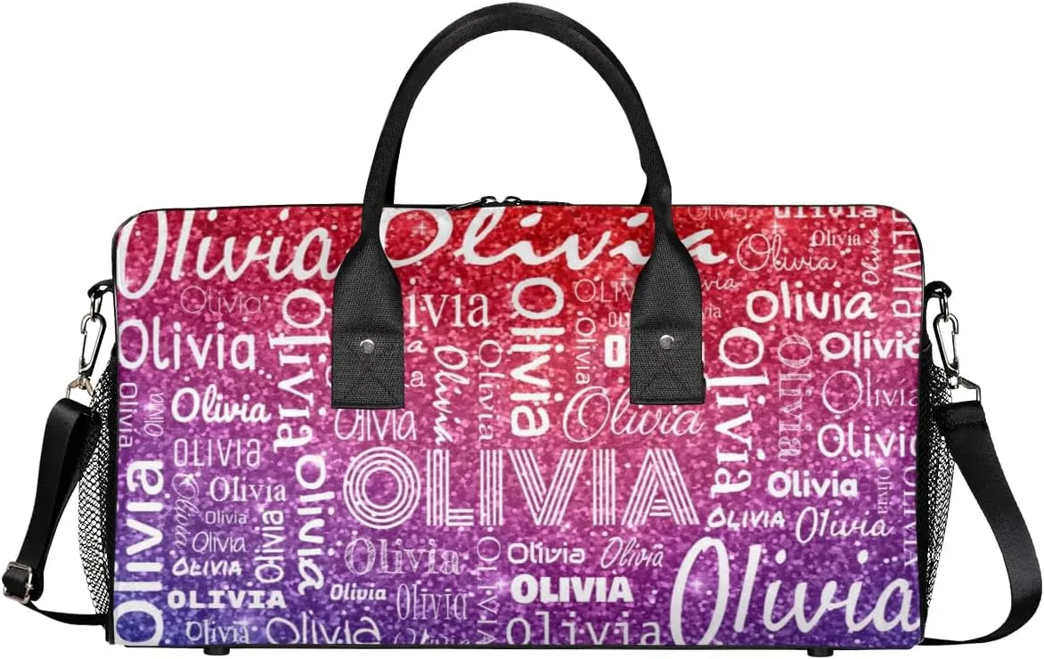 Personalized Travel Duffel Bag for Women Men, Custom Gym Duffel Bags with Name Cheer Sports Overnight Weekender Bags, Rainbow Glitter Birthday Gift (No Glitter)