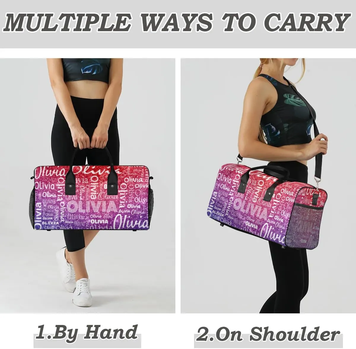 Personalized Travel Duffel Bag for Women Men, Custom Gym Duffel Bags with Name Cheer Sports Overnight Weekender Bags, Rainbow Glitter Birthday Gift (No Glitter)
