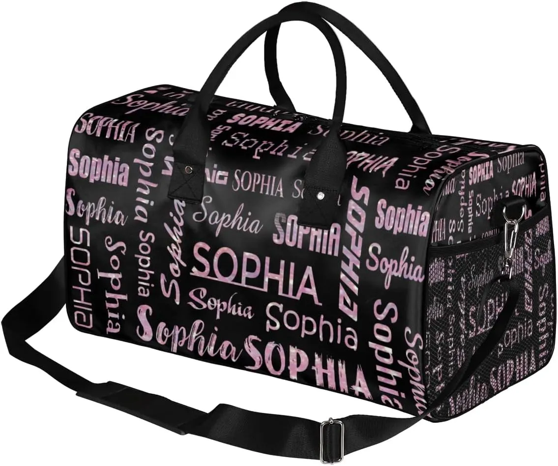Personalized Travel Sports Bag for Women, Black Custom Gym Duffel Bags Birthday Gift with Rose Pink Glitter Name Cheer Dance Overnight Weekender Bag