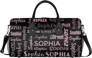 Personalized Travel Sports Bag for Women, Black Custom Gym Duffel Bags Birthday Gift with Rose Pink Glitter Name Cheer Dance Overnight Weekender Bag