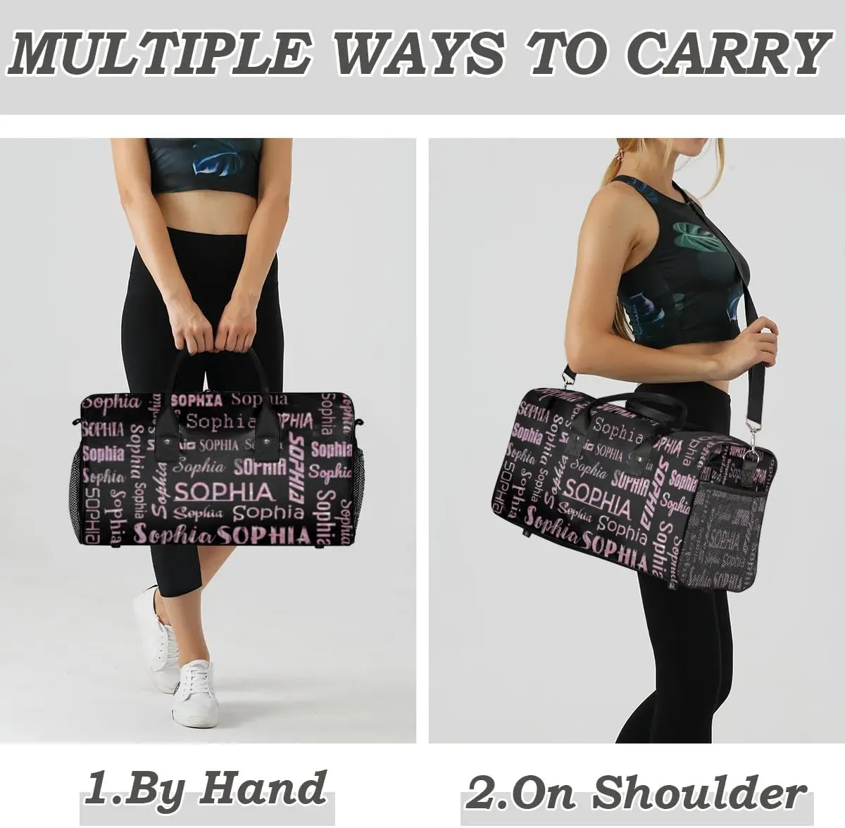 Personalized Travel Sports Bag for Women, Black Custom Gym Duffel Bags Birthday Gift with Rose Pink Glitter Name Cheer Dance Overnight Weekender Bag