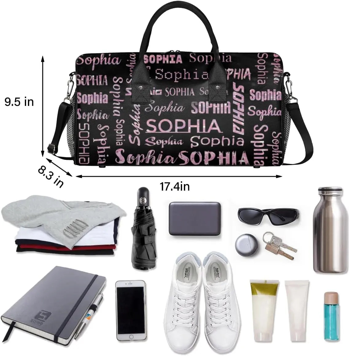 Personalized Travel Sports Bag for Women, Black Custom Gym Duffel Bags Birthday Gift with Rose Pink Glitter Name Cheer Dance Overnight Weekender Bag