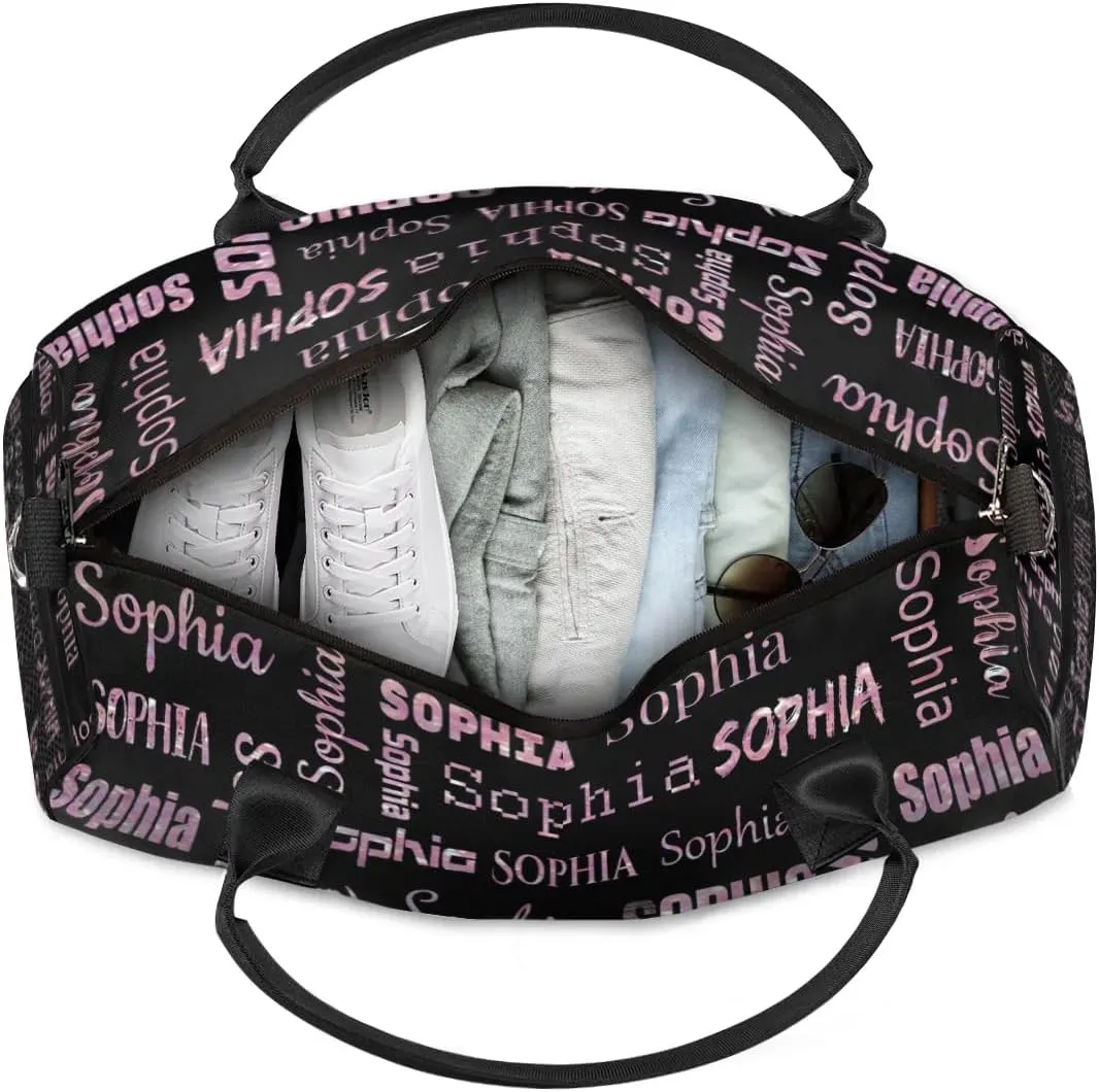 Personalized Travel Sports Bag for Women, Black Custom Gym Duffel Bags Birthday Gift with Rose Pink Glitter Name Cheer Dance Overnight Weekender Bag