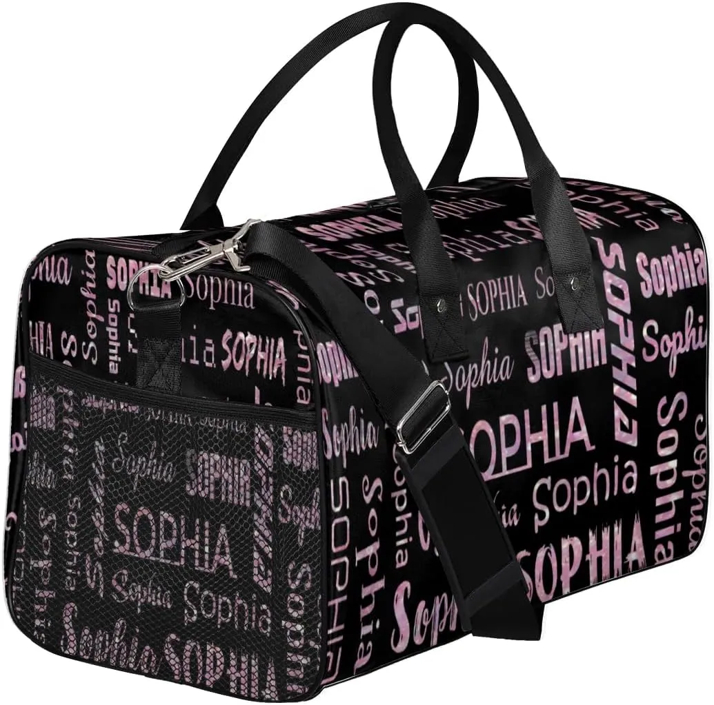 Personalized Travel Sports Bag for Women, Black Custom Gym Duffel Bags Birthday Gift with Rose Pink Glitter Name Cheer Dance Overnight Weekender Bag