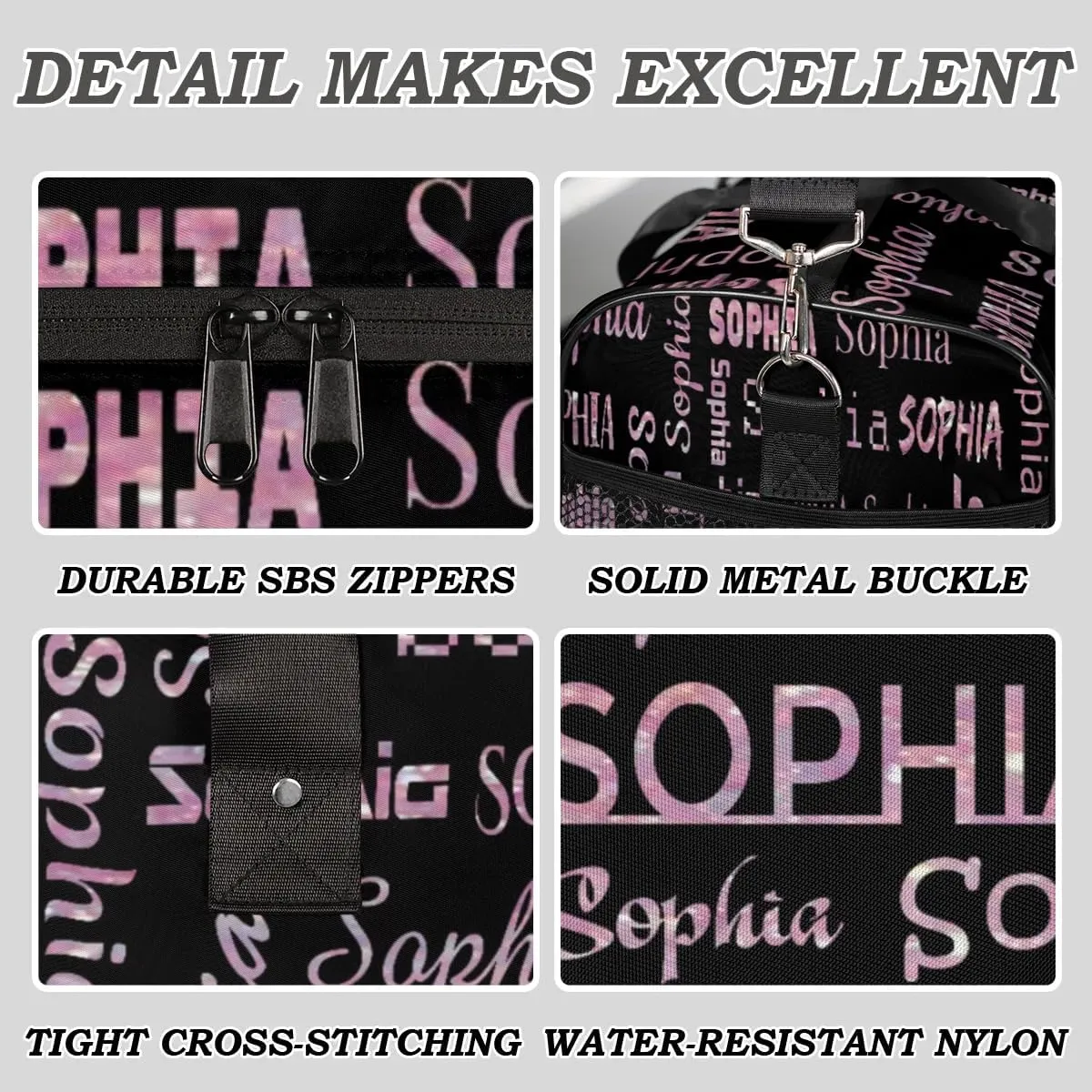 Personalized Travel Sports Bag for Women, Black Custom Gym Duffel Bags Birthday Gift with Rose Pink Glitter Name Cheer Dance Overnight Weekender Bag