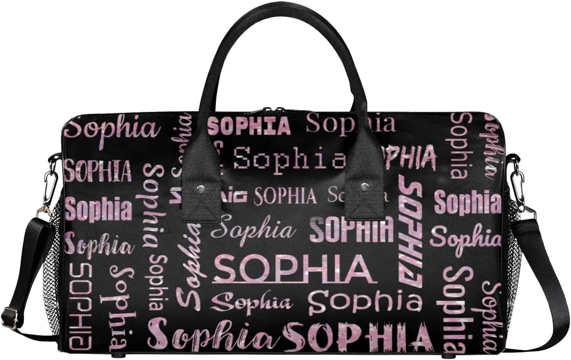 Personalized Travel Sports Bag for Women, Black Custom Gym Duffel Bags Birthday Gift with Rose Pink Glitter Name Cheer Dance Overnight Weekender Bag