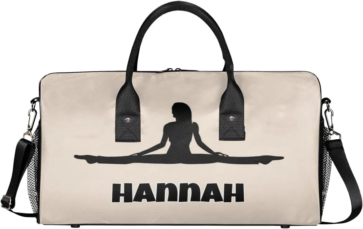 Personalized Women Sport Beige Dance Bag Custom Duffle Bag, Fitness Yoga Gym Bag Customized Travel Duffel Bag