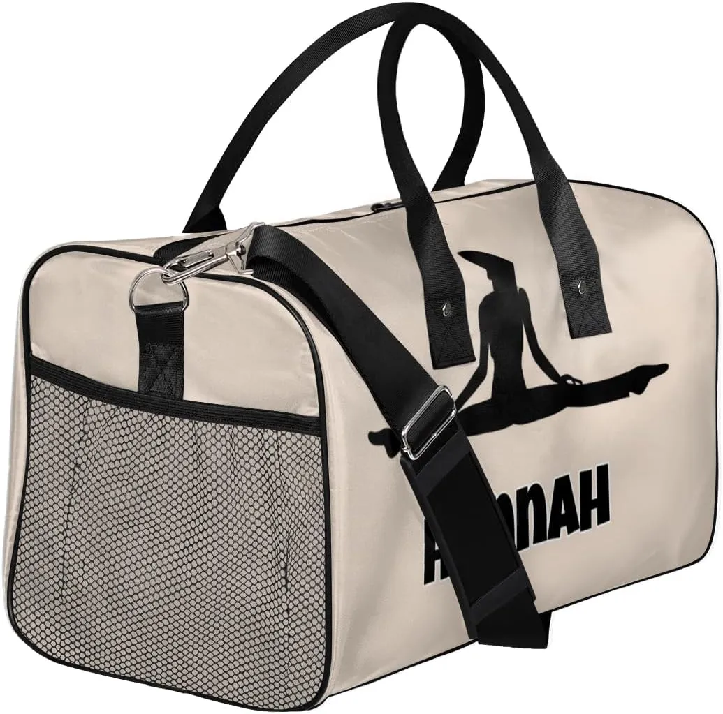 Personalized Women Sport Beige Dance Bag Custom Duffle Bag, Fitness Yoga Gym Bag Customized Travel Duffel Bag
