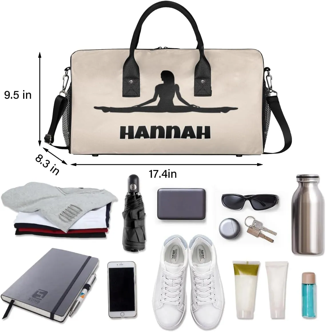 Personalized Women Sport Beige Dance Bag Custom Duffle Bag, Fitness Yoga Gym Bag Customized Travel Duffel Bag