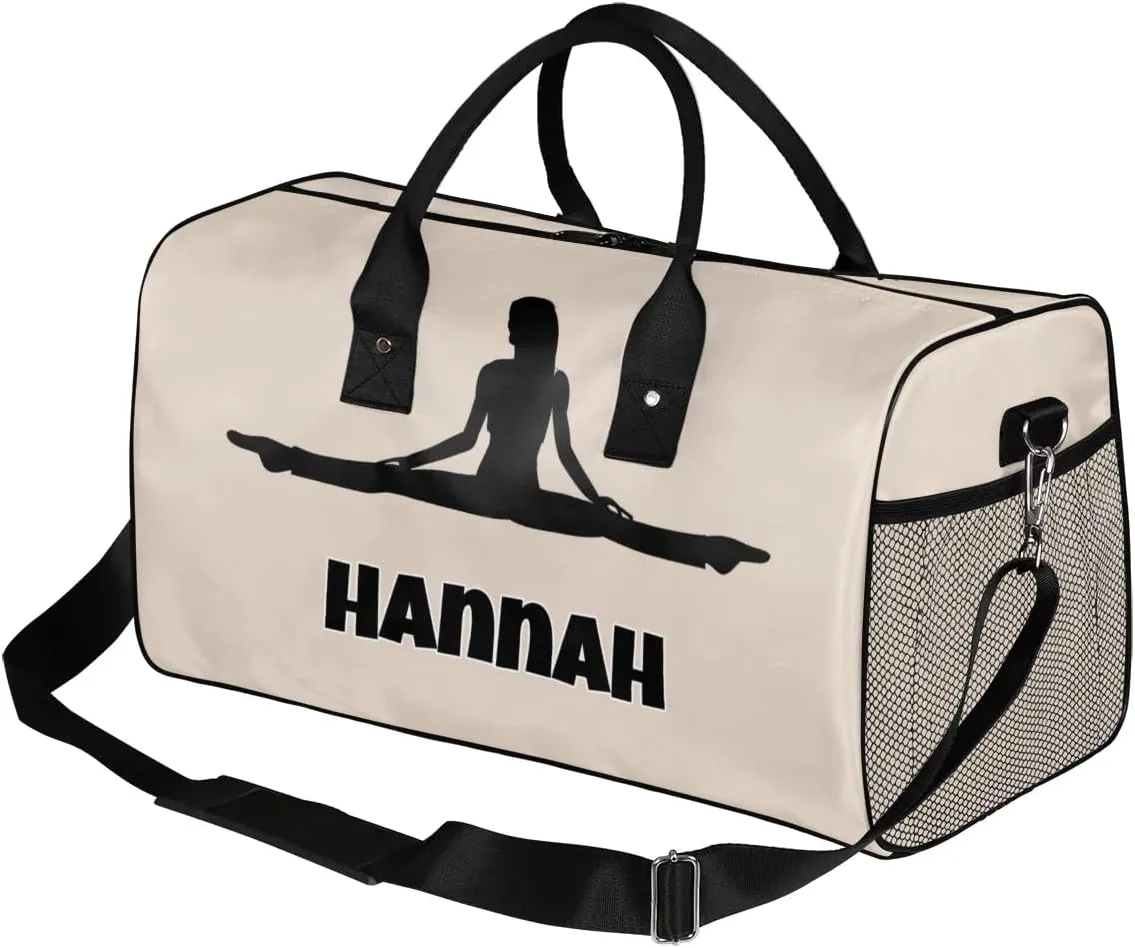 Personalized Women Sport Beige Dance Bag Custom Duffle Bag, Fitness Yoga Gym Bag Customized Travel Duffel Bag
