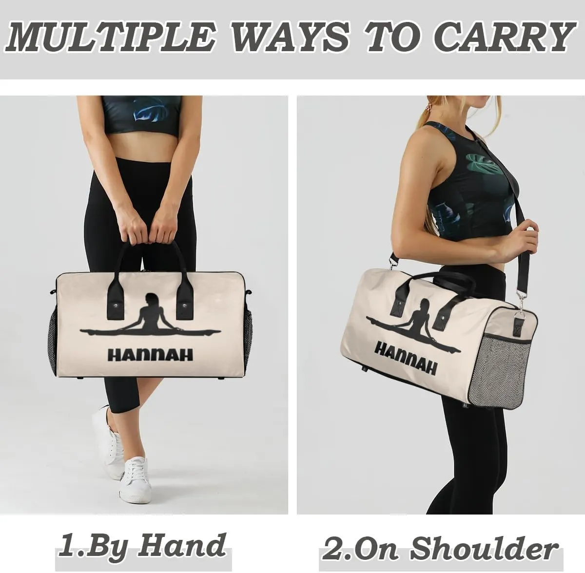 Personalized Women Sport Beige Dance Bag Custom Duffle Bag, Fitness Yoga Gym Bag Customized Travel Duffel Bag