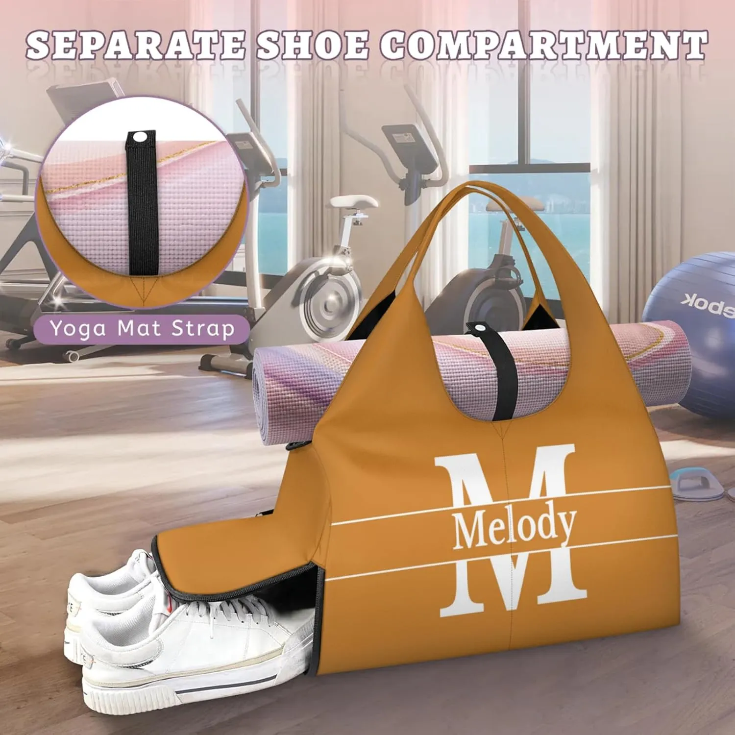 Personalized Yoga Mat Bag with Name Shoe Compartment, Solid Color Initial Letter Travel Tote Sport Gym Duffel Bag