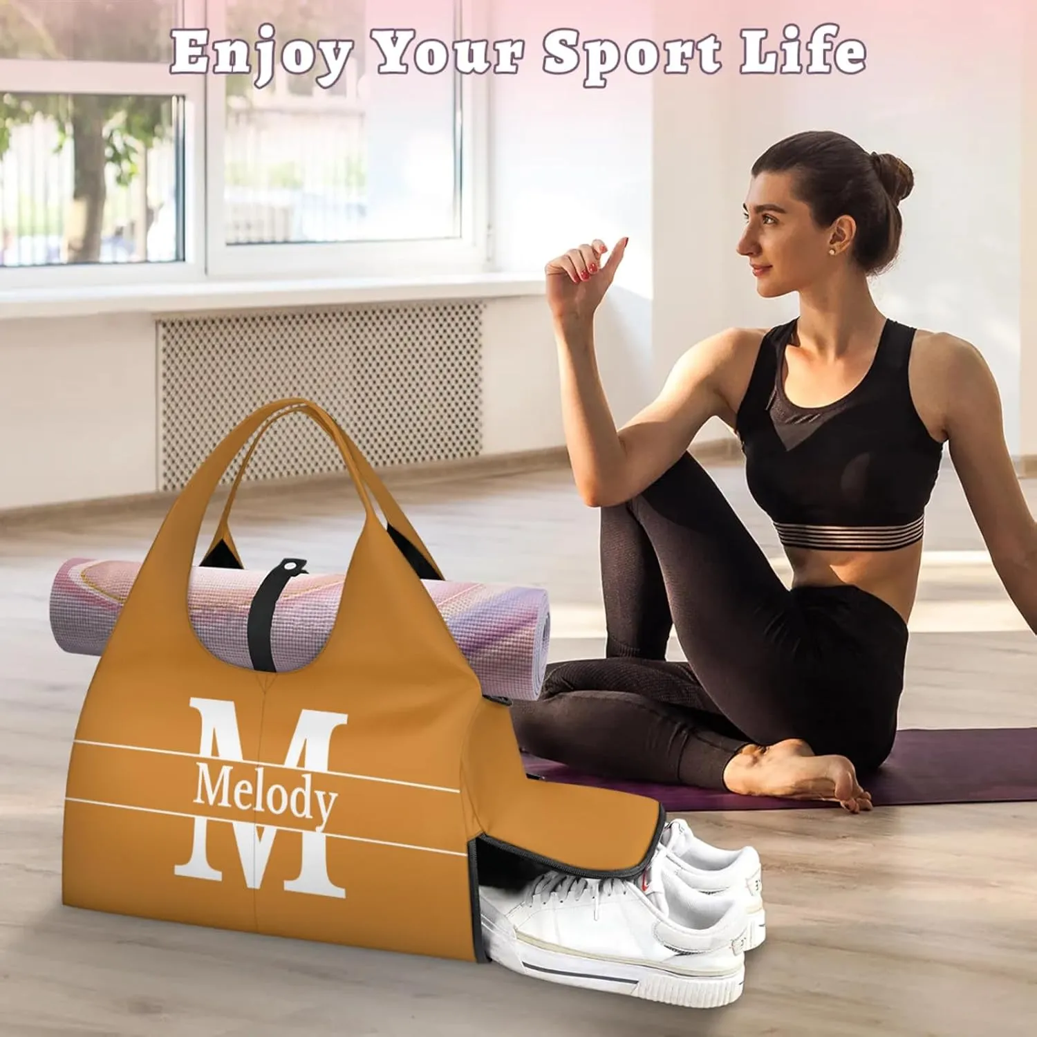 Personalized Yoga Mat Bag with Name Shoe Compartment, Solid Color Initial Letter Travel Tote Sport Gym Duffel Bag