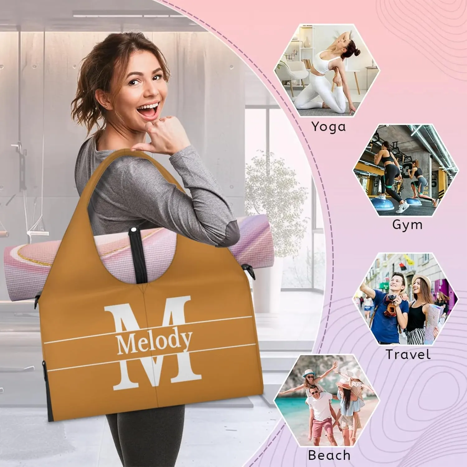 Personalized Yoga Mat Bag with Name Shoe Compartment, Solid Color Initial Letter Travel Tote Sport Gym Duffel Bag