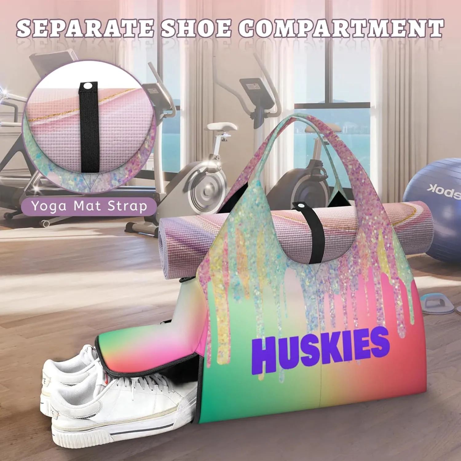 Personalized Yoga Mat Bag with Name Shoe Compartment, Water Fluid Glittering Travel Tote Sport Gym Duffel Bag