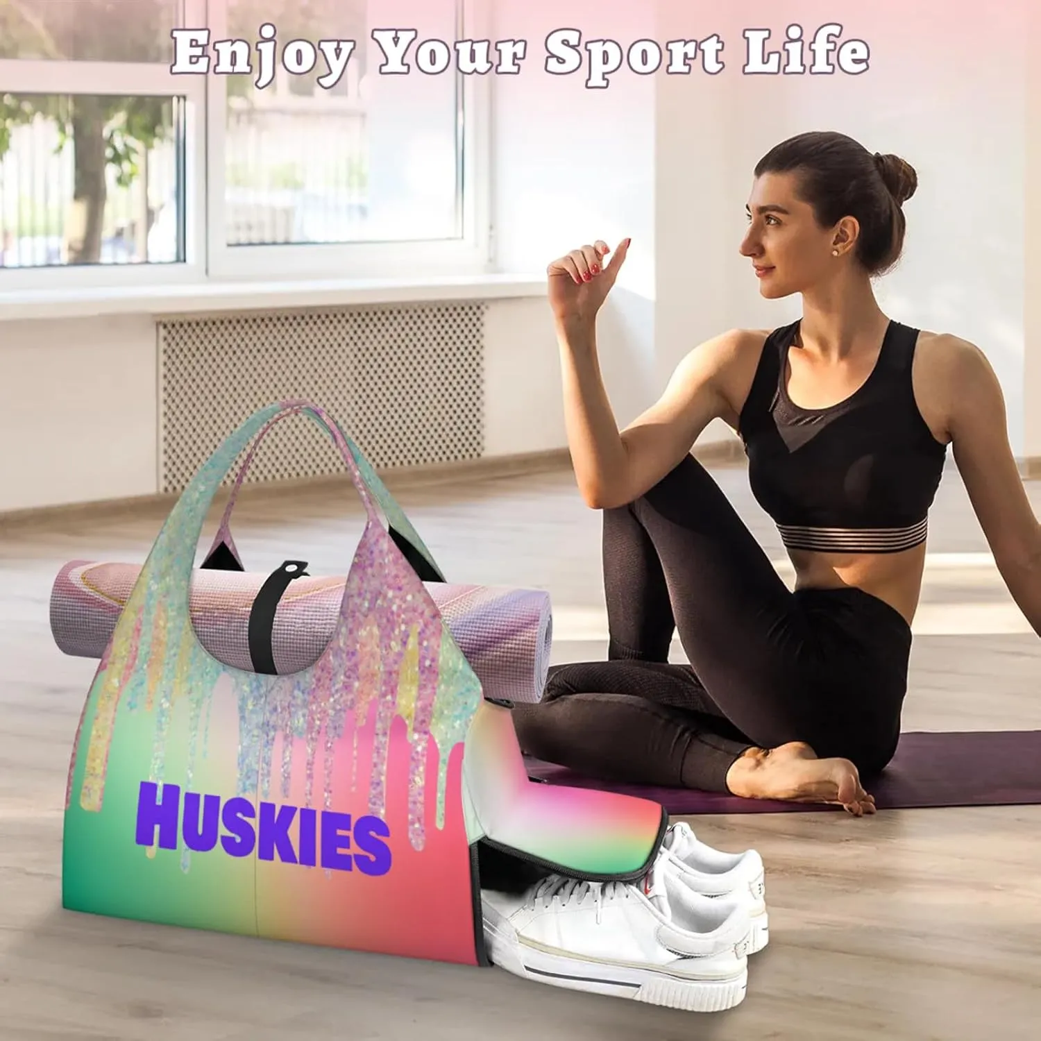 Personalized Yoga Mat Bag with Name Shoe Compartment, Water Fluid Glittering Travel Tote Sport Gym Duffel Bag