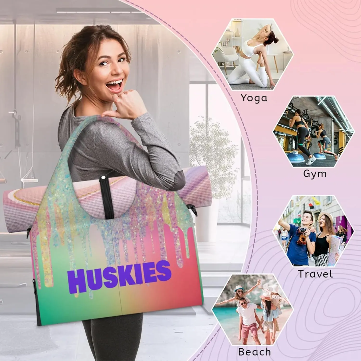 Personalized Yoga Mat Bag with Name Shoe Compartment, Water Fluid Glittering Travel Tote Sport Gym Duffel Bag