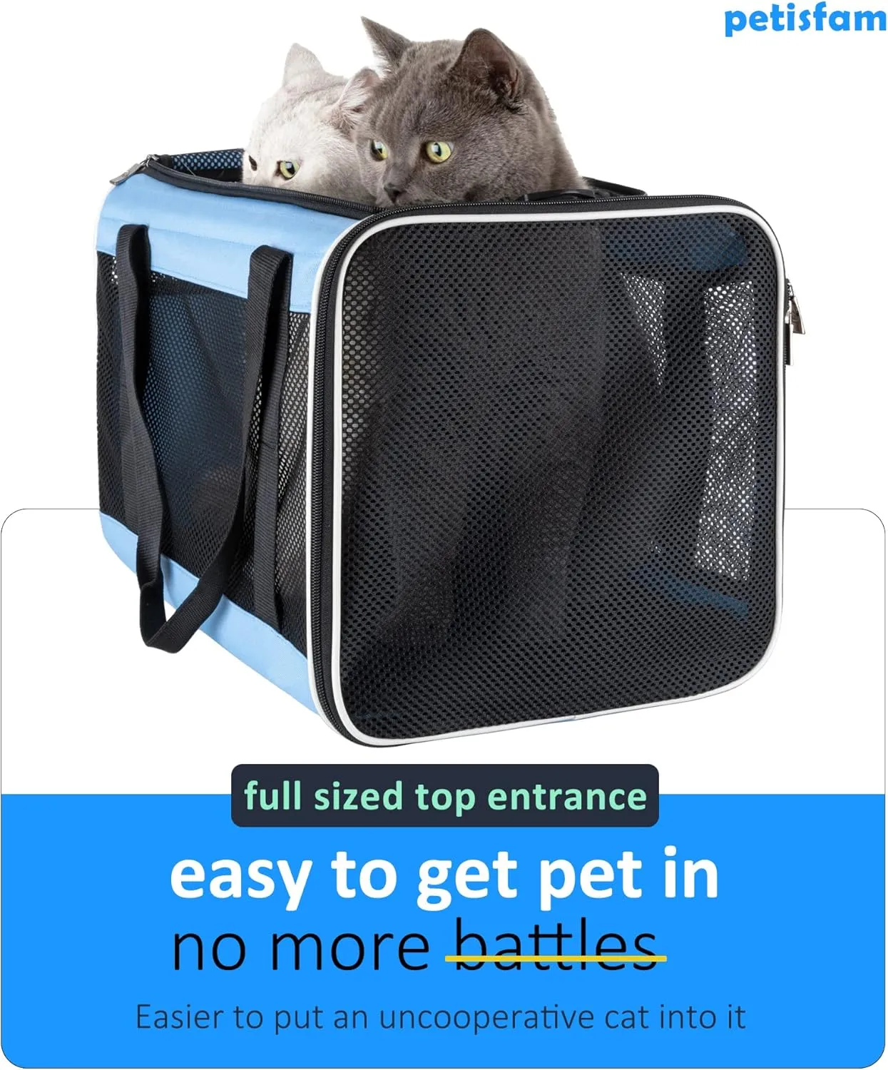 petisfam Soft Pet Carrier for Large and Medium Cats, 2 Kitties, Small Dogs. Easy to Get Cat in, Great for Cats That Don't Like Carriers (Blue)