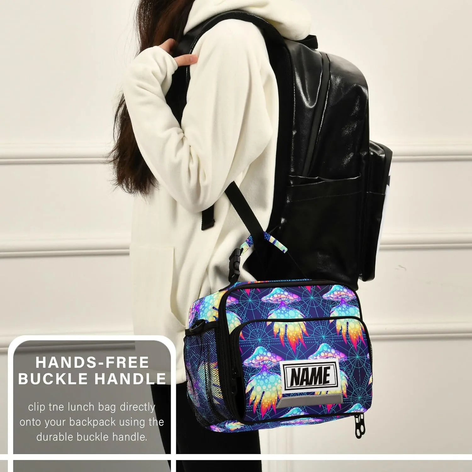 Pfrewn Custom Psychedelic Magic Mushrooms Lunch Box for Kids School Students Personalized Name Fungus Insulated Lunch Bag Tote for Office Adults Reusable Cooler Bags