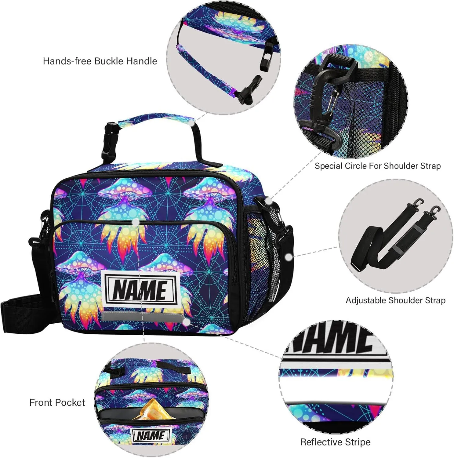 Pfrewn Custom Psychedelic Magic Mushrooms Lunch Box for Kids School Students Personalized Name Fungus Insulated Lunch Bag Tote for Office Adults Reusable Cooler Bags