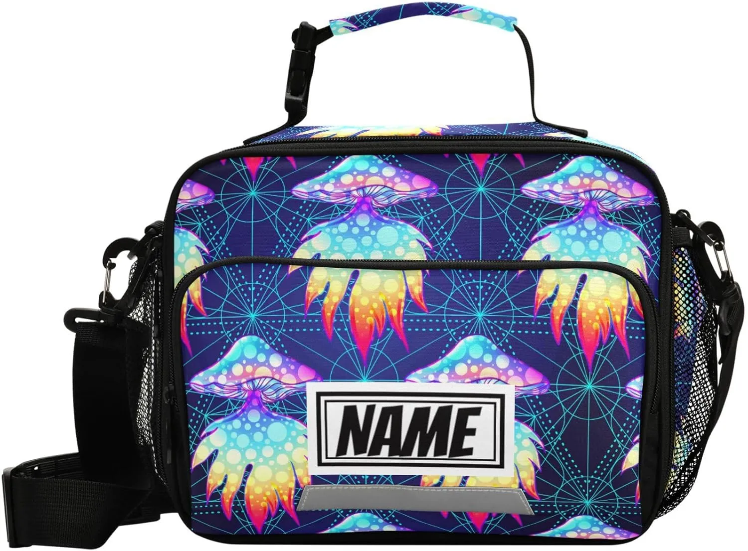 Pfrewn Custom Psychedelic Magic Mushrooms Lunch Box for Kids School Students Personalized Name Fungus Insulated Lunch Bag Tote for Office Adults Reusable Cooler Bags