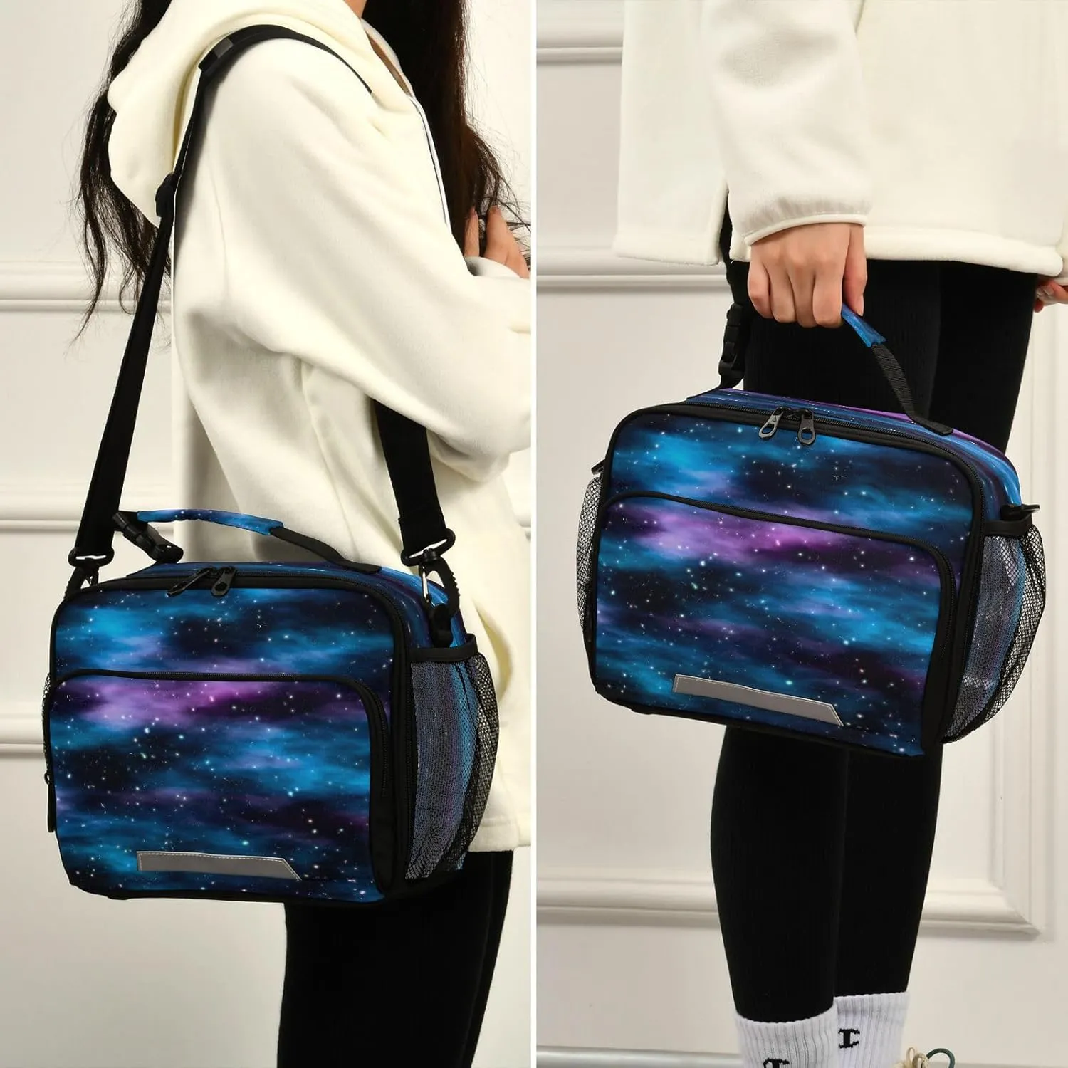 Pfrewn Dark Space Nebula Stars Lunch Box Kids School Students Blue Galaxy Insulated Lunch Bag with Shoulder Strap for Office Adults Reusable Cooler Bags Lunch Tote