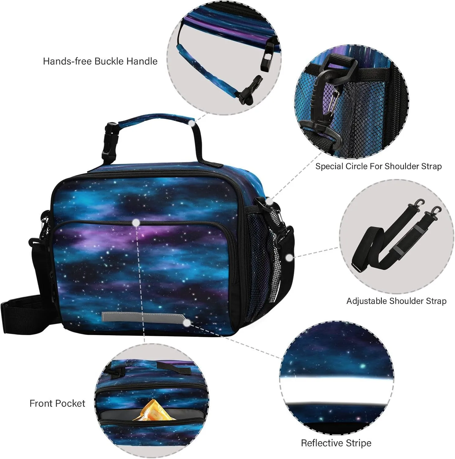 Pfrewn Dark Space Nebula Stars Lunch Box Kids School Students Blue Galaxy Insulated Lunch Bag with Shoulder Strap for Office Adults Reusable Cooler Bags Lunch Tote