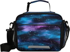 Pfrewn Dark Space Nebula Stars Lunch Box Kids School Students Blue Galaxy Insulated Lunch Bag with Shoulder Strap for Office Adults Reusable Cooler Bags Lunch Tote