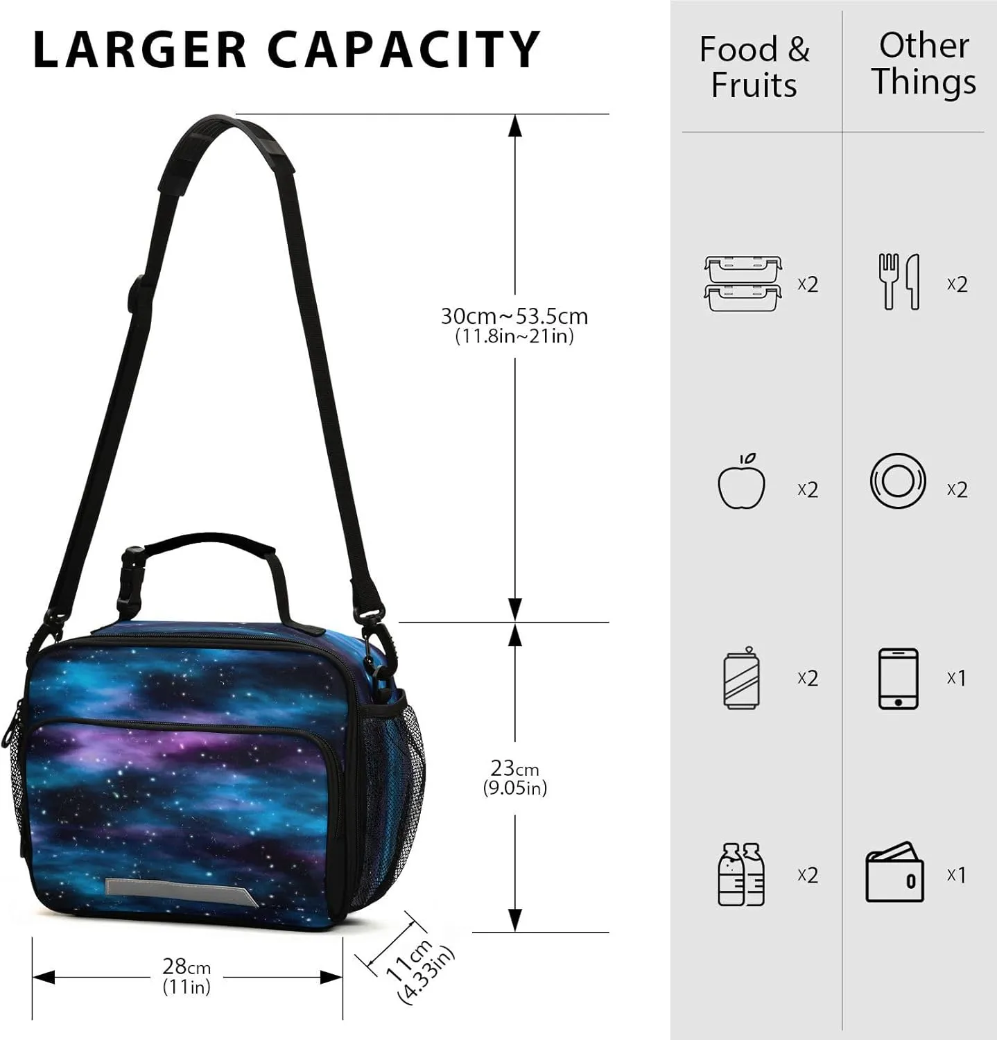 Pfrewn Dark Space Nebula Stars Lunch Box Kids School Students Blue Galaxy Insulated Lunch Bag with Shoulder Strap for Office Adults Reusable Cooler Bags Lunch Tote