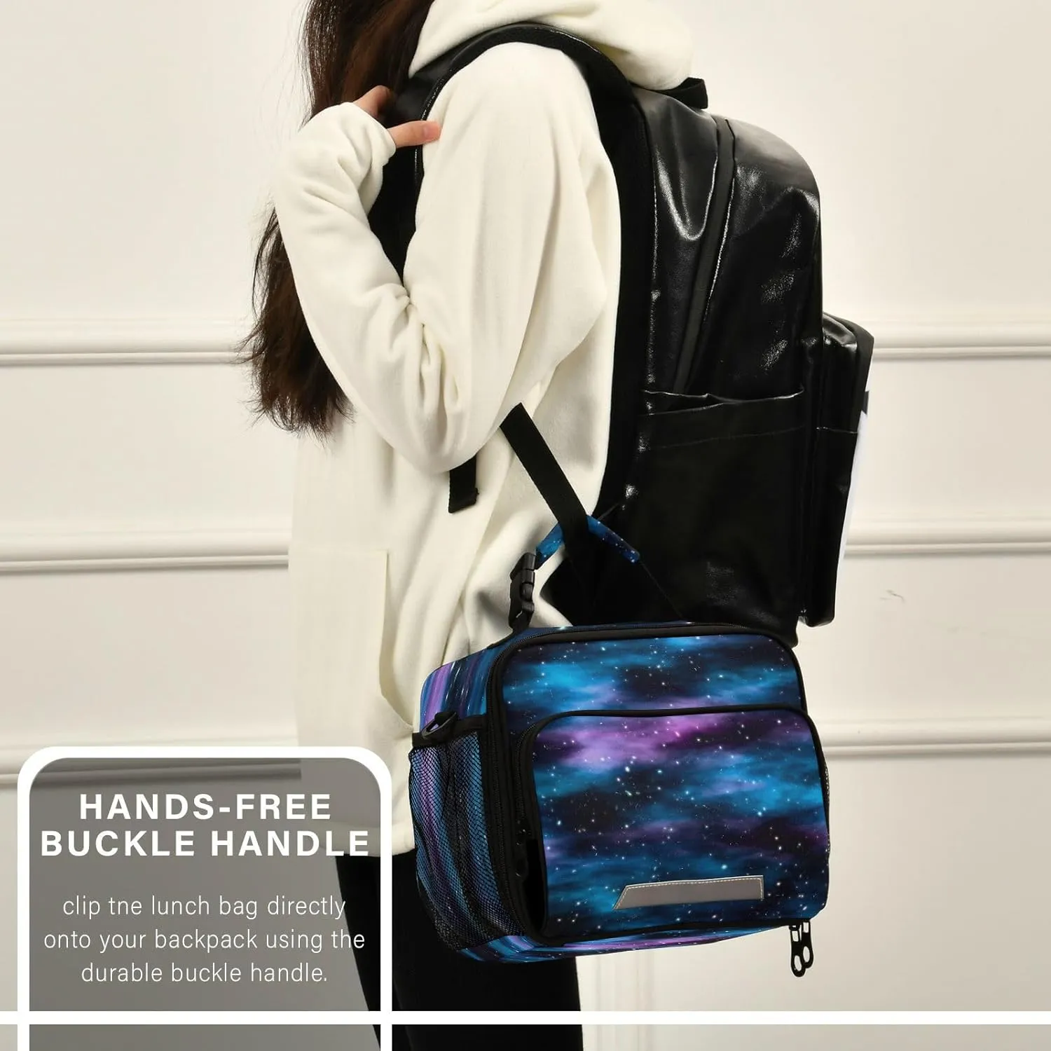 Pfrewn Dark Space Nebula Stars Lunch Box Kids School Students Blue Galaxy Insulated Lunch Bag with Shoulder Strap for Office Adults Reusable Cooler Bags Lunch Tote