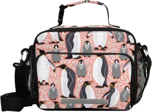 Pfrewn Emperor Penguins Lunch Box Kids School Students Leaves Winter Insulated Lunch Bag with Shoulder Strap for Office Adults Reusable Cooler Bags Lunch Tote