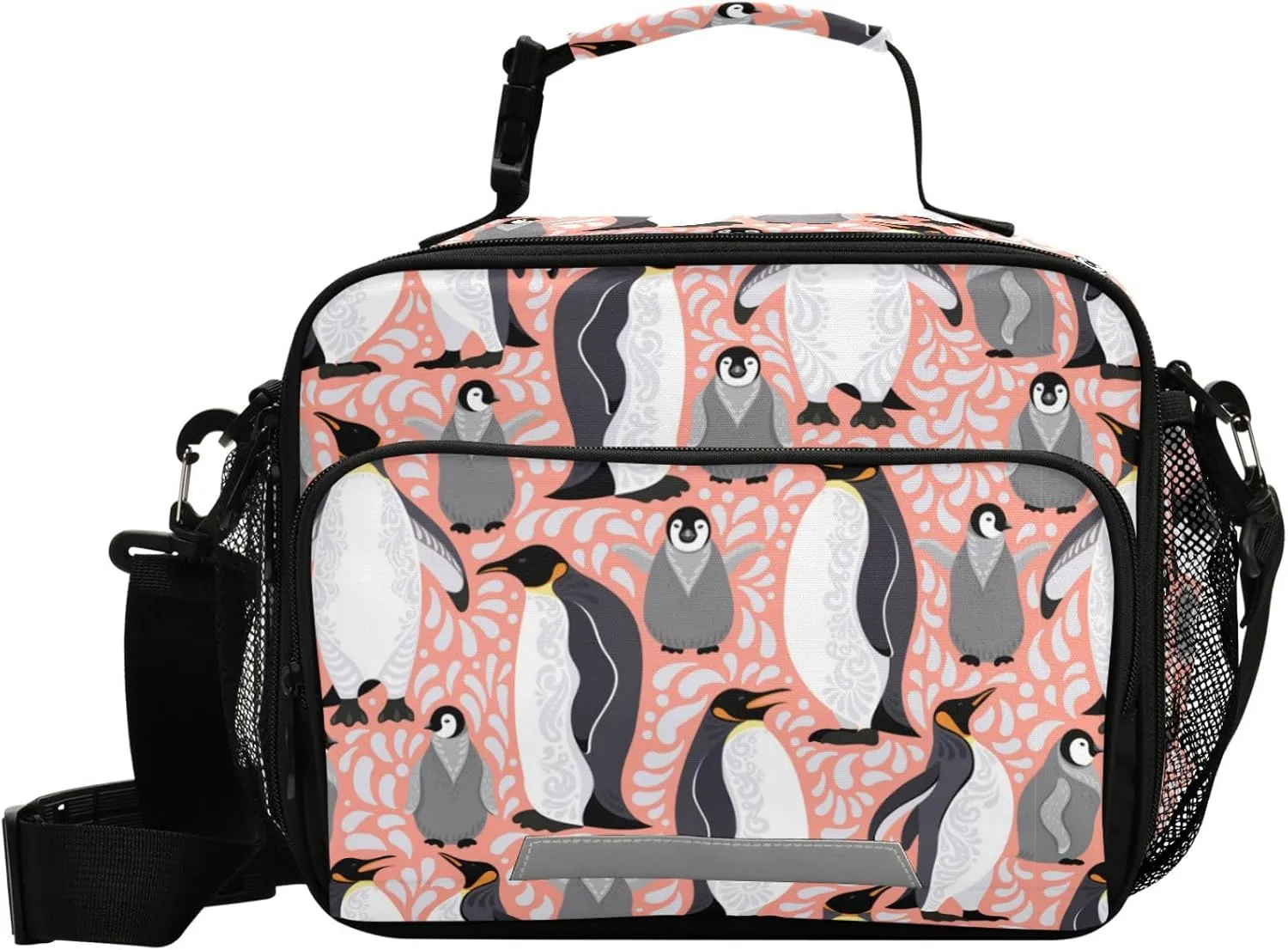 Pfrewn Emperor Penguins Lunch Box Kids School Students Leaves Winter Insulated Lunch Bag with Shoulder Strap for Office Adults Reusable Cooler Bags Lunch Tote