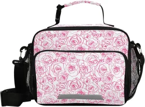 Pfrewn Lunch Box for Kids School Students Beautiful Pink Outline Rosebuds Insulated Lunch Bag with Shoulder Strap for Office Adults Reusable Cooler Bags Lunch Tote for Girls Boys Teens